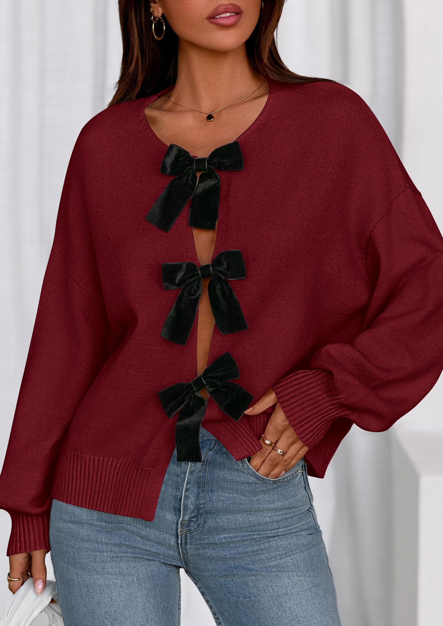 PRETTYGARDEN Cardigan Sweaters for Women Fall Fashion Bow Tie Front Long Sleeve Knit Sweater Tops Cute Winter Clothes