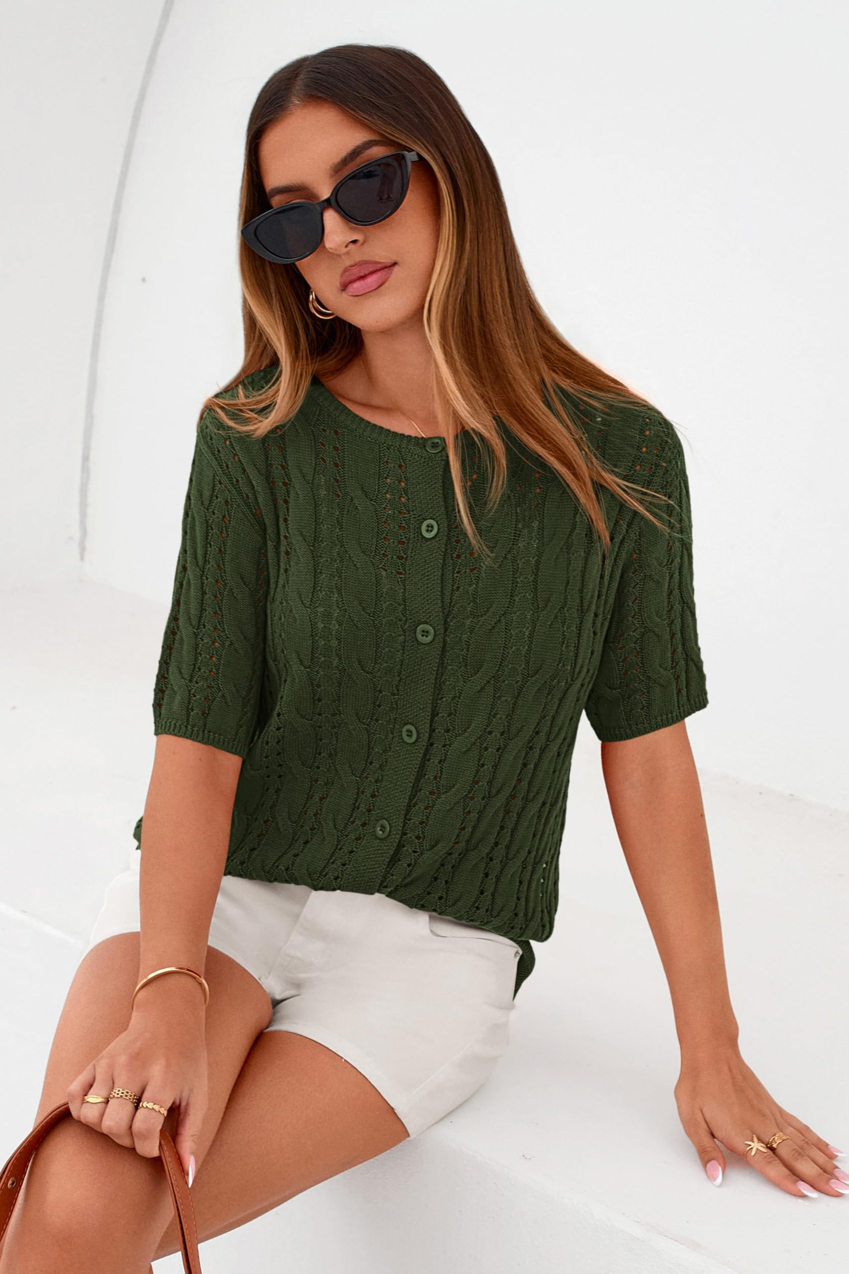 FreshPretty  Women Summer Cable Knit Crochet Cardigan Sweaters Casual Button Short Sleeve Sweater Cute Beach Hollow Out Knit Top