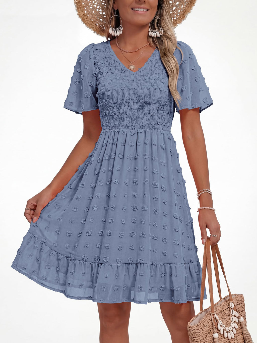 FreshPretty Womens Beach Vacation Dress Summer V Neck Short Sleeve Smocked Swiss Dot Ruffle Casual Mini Spring Dresses