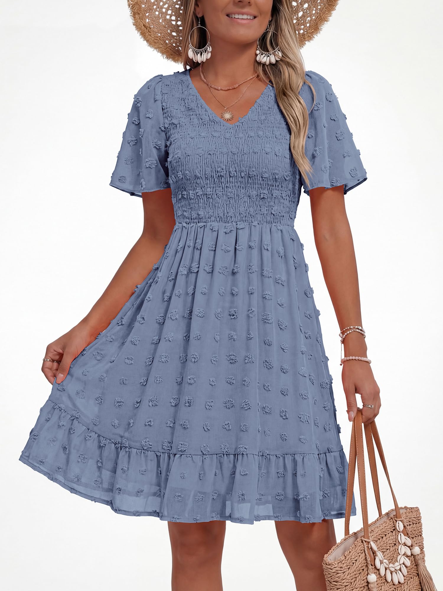 FreshPretty Womens Beach Vacation Dress Summer V Neck Short Sleeve Smocked Swiss Dot Ruffle Casual Mini Spring Dresses