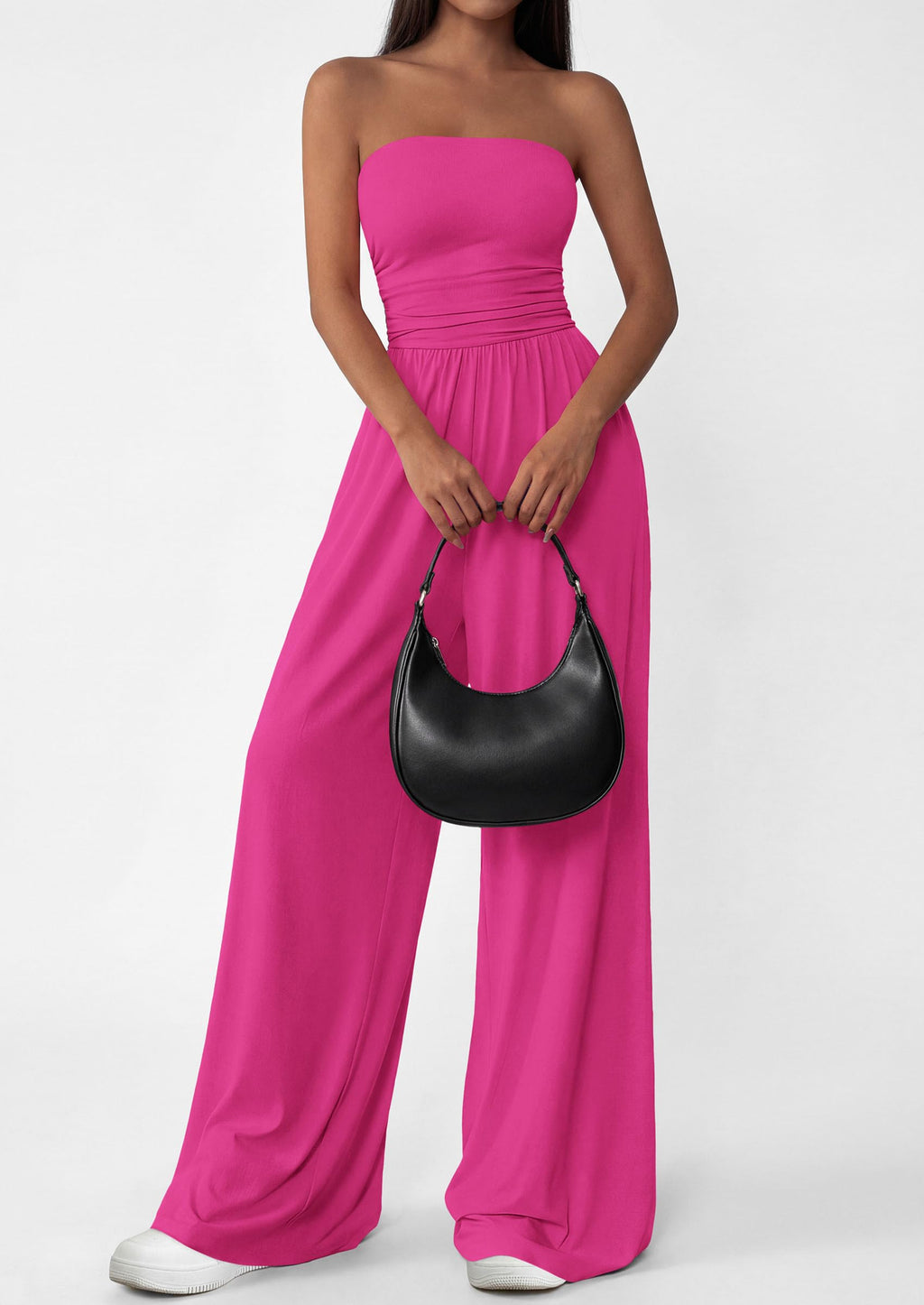 PRETTYGARDEN Womens Trendy Strapless Rompers Ruched Tube Top Wide Leg One Piece Jumpsuits Beach Vacation Summer Outfits