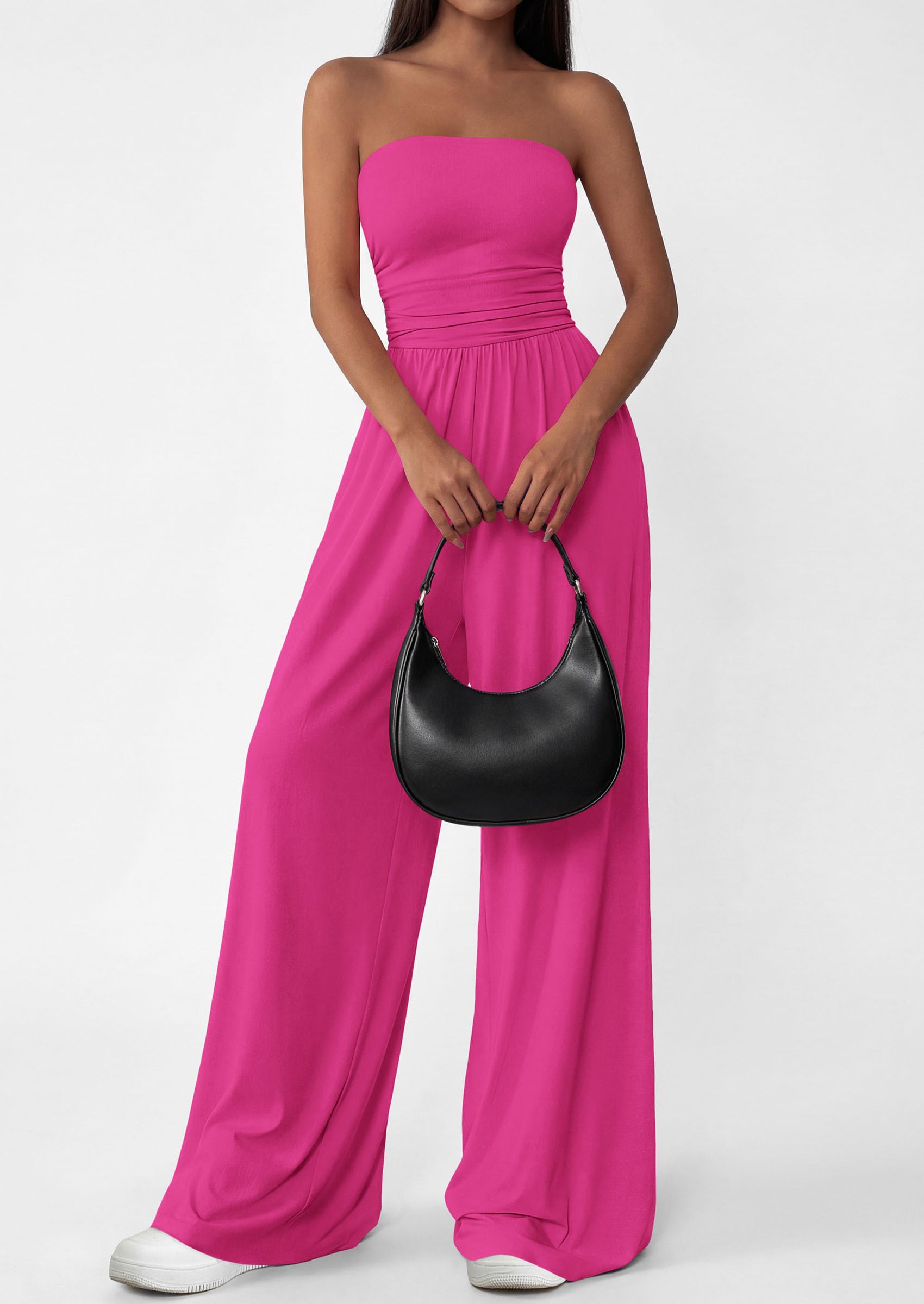 PRETTYGARDEN Womens Trendy Strapless Rompers Ruched Tube Top Wide Leg One Piece Jumpsuits Beach Vacation Summer Outfits