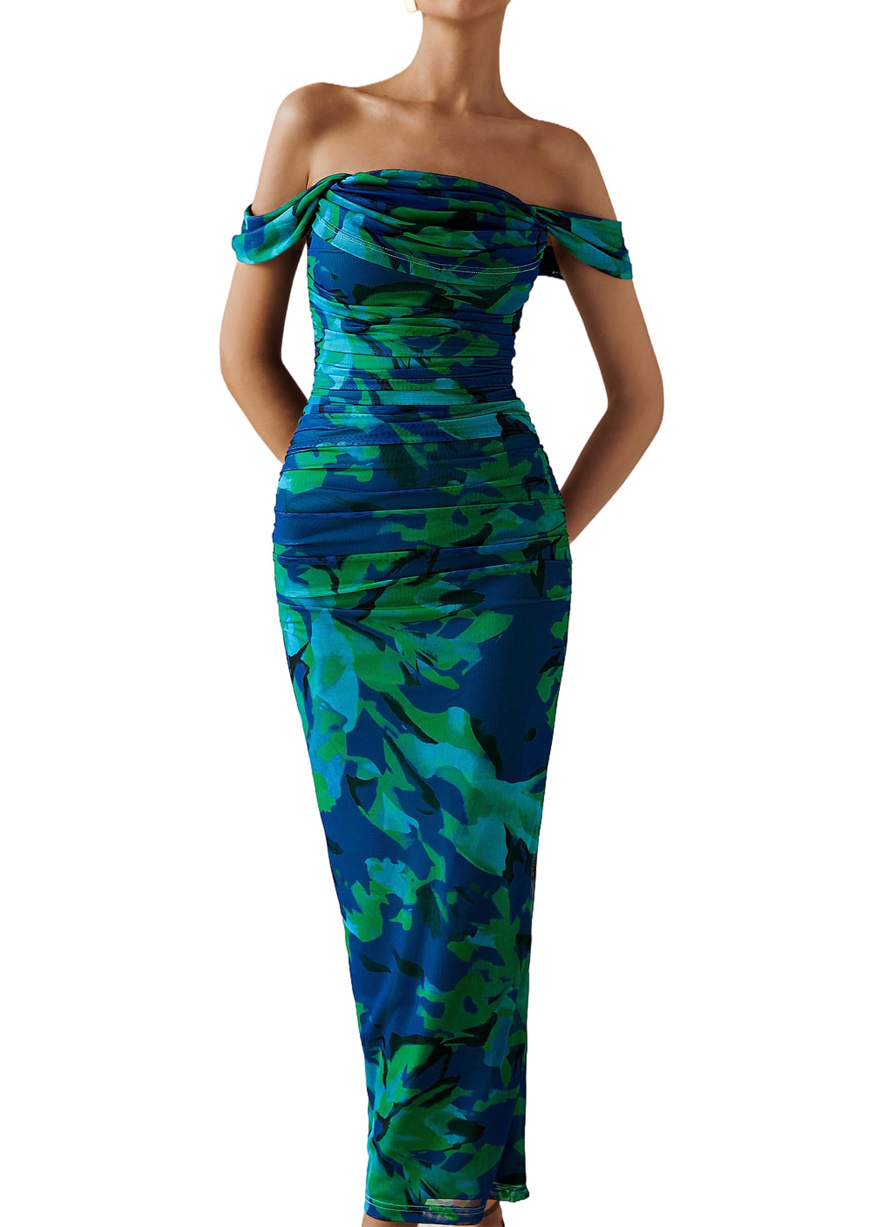 PRETTYGARDEN Cocktail Dresses for Women Summer Floral Off Shoulder Ruched Mesh Elegant Wedding Guest Maxi Dress