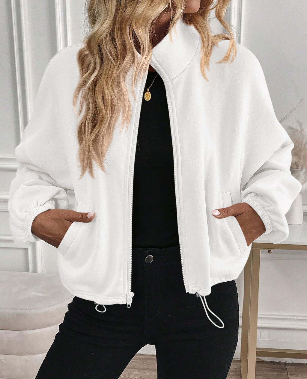 PRETTYGARDEN Womens Zip Up Fleece Cropped Sweatshirt Jacket Oversized Loose Soft Stand Collar with Drawstring Hem, Long Sleeve Casual Coat With Pockets, Fall Outfits Winter Clothing