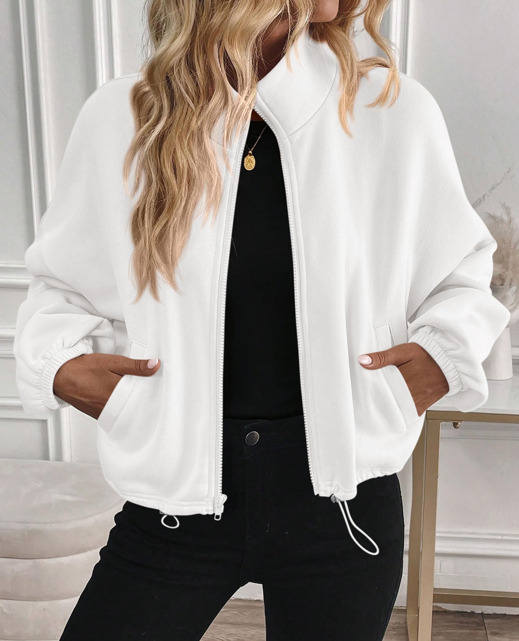 PRETTYGARDEN Womens Zip Up Fleece Cropped Sweatshirt Jacket Oversized Loose Soft Stand Collar with Drawstring Hem, Long Sleeve Casual Coat With Pockets, Fall Outfits Winter Clothing