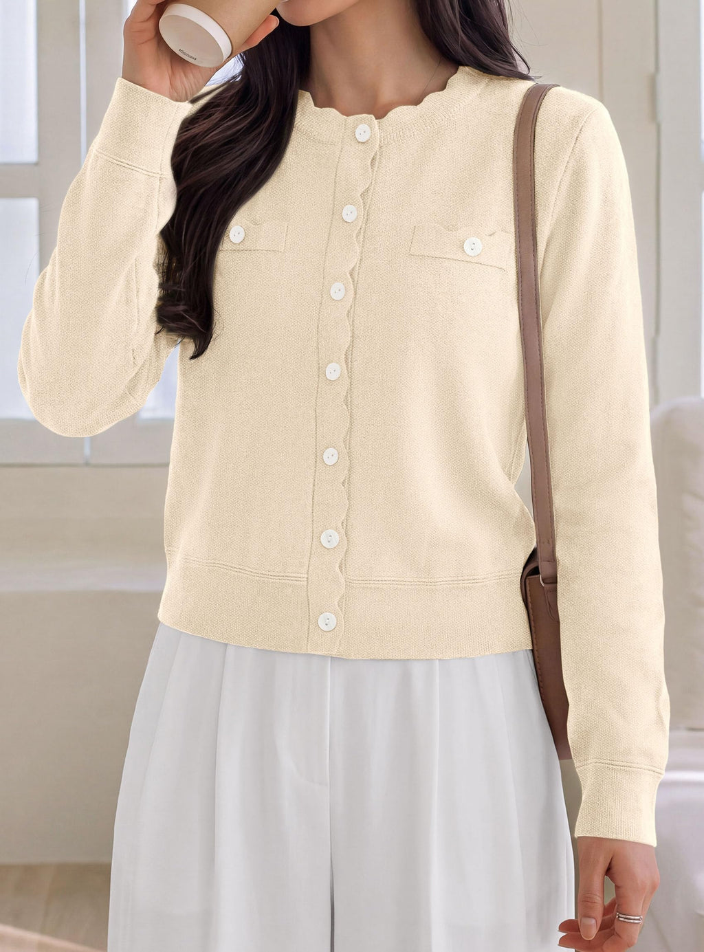 PRETTYGARDEN Cardigan Sweaters for Women Scalloped Button Up Fall Outfits Soft Knit Long Sleeve Knit Tops,Crew Neck,Business Casual Outfits,Office Work Lightweight Sweater,Layers Clothes
