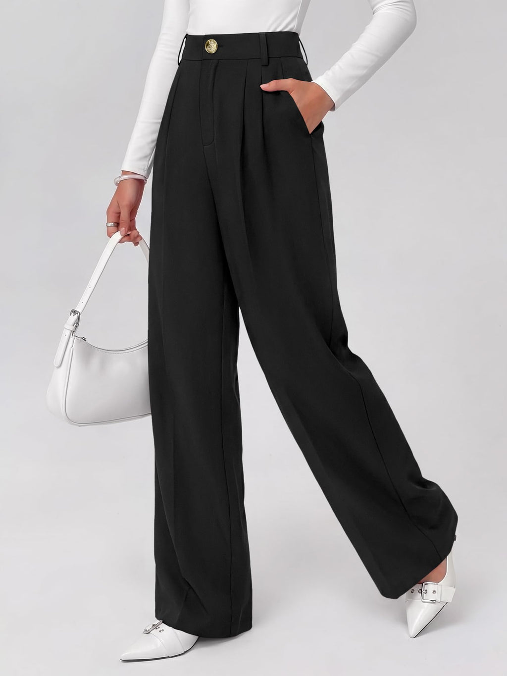 FreshPretty Fall Wide Leg Pants Woman Flowy High Waisted Slacks with Pockets, Comfy Palazzo, Business Casual Outfits, Work Clothes, Teacher Trousers Dressy, Zip Up, Button Closure, Elastic Back