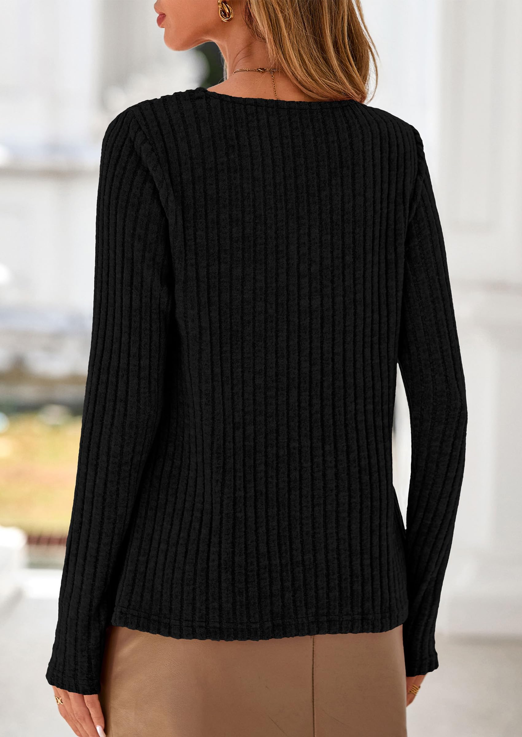PRETTYGARDEN Women's Long Sleeve Shirts Fall Fashion Clothes Casual Ribbed V Neck Loose Tunic Tops Lightweight Sweaters