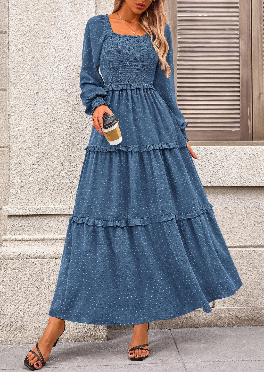 PRETTYGARDEN Fall Dresses for Women Long Sleeve Smocked Square Neck Swiss Dot Tiered Flowy Wedding Guest Maxi Dress