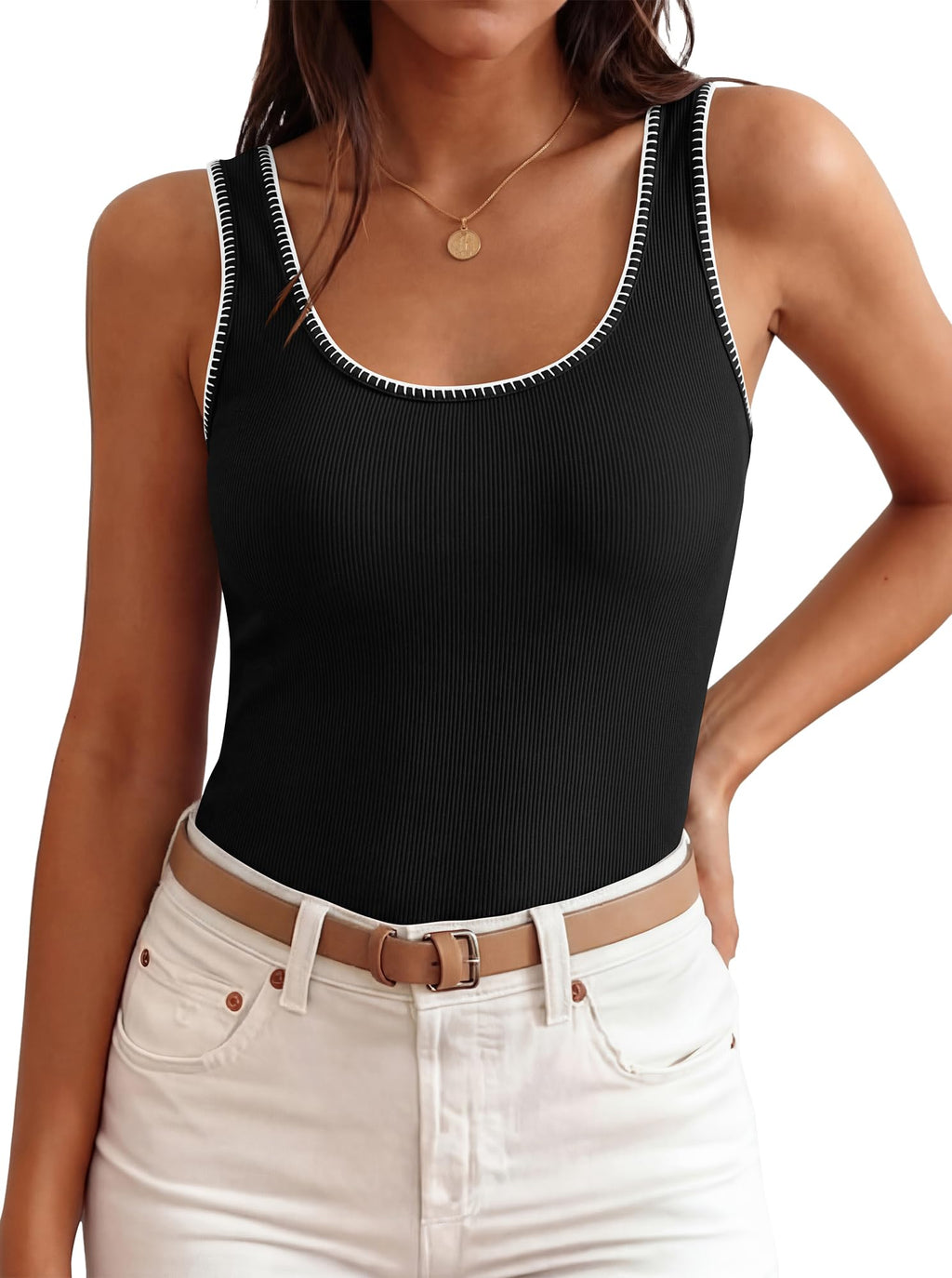 FreshPretty Sleeveless Tops for Women Summer Scoop Neck Tank Stitch Ribbed Knit Sweater Vest Casual Beach Vacation Outfit
