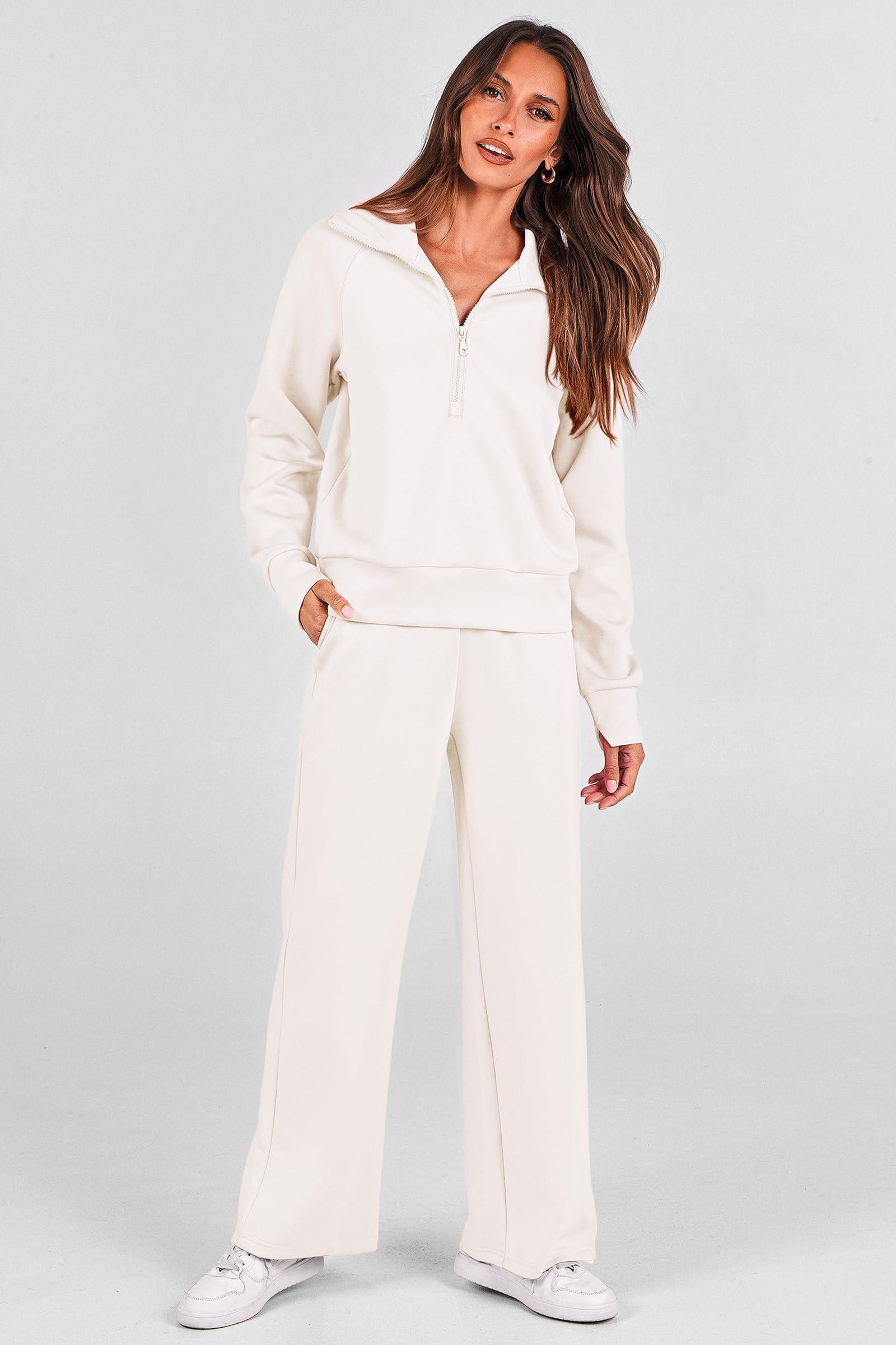 PRETTYGARDEN Women's 2 Piece Outfits Casual Lapel Half Zip Sweatshirts and Wide Leg Pants Tracksuit Sets