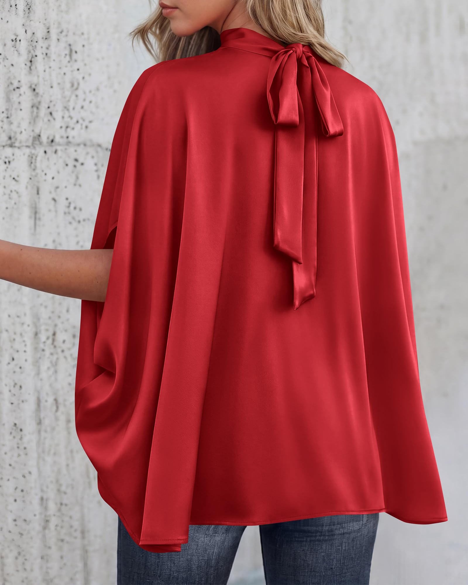 BTFBM Womens Summer Tops Mock Neck Batwing Sleeve Silk Satin Shirts Loose Oversized Dressy Casual Spring Blouses