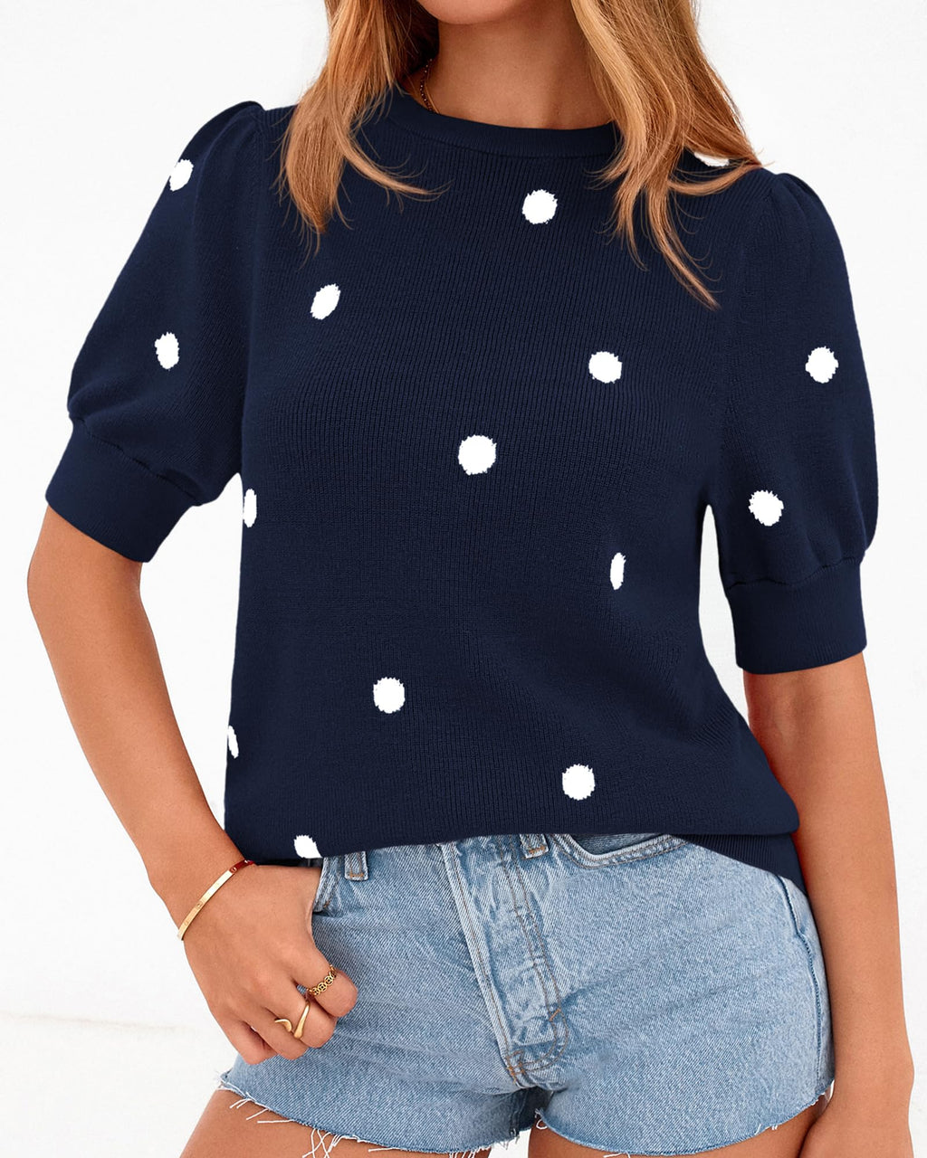 BTFBM Womens Sweaters Polka Dot Short Sleeve Sweater for Women Crew Neck Knit Summer Tops Business Dressy Casual Blouses