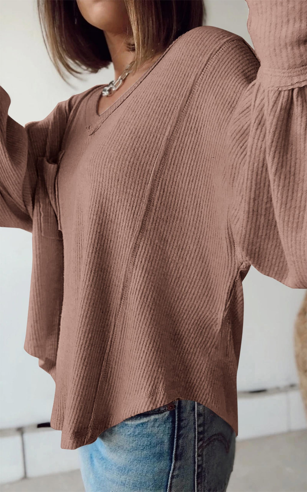 FreshPretty Womens Fall Fashion Long Sleeve Shirts Casual V Neck Ribbed Knit Blouses Pullover Trendy Loose Fit Tunic Tops