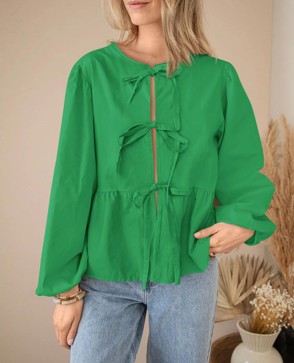 PRETTYGARDEN Women's Spring Fall Babydoll Peplum Blouse Shirt Puff Long Sleeve Bow Tie Front Trendy Cute Y2K Going Out Tops