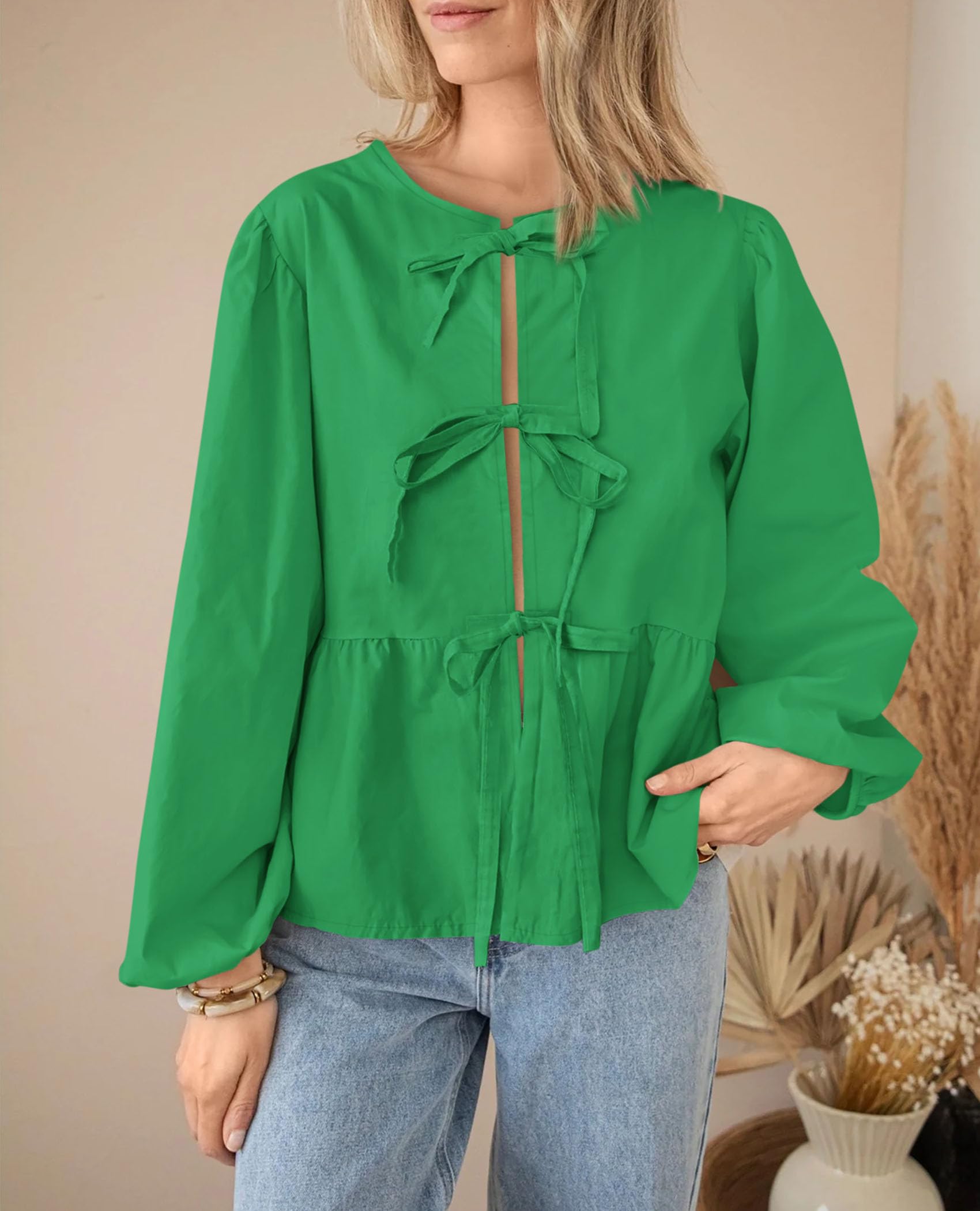 PRETTYGARDEN Women's Spring Fall Babydoll Peplum Blouse Shirt Puff Long Sleeve Bow Tie Front Trendy Cute Y2K Going Out Tops