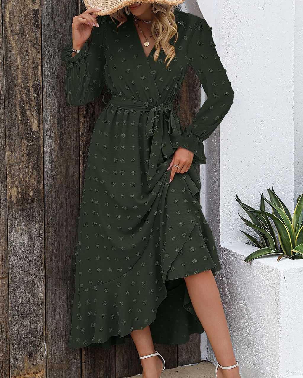 FreshPretty Long Sleeve Maxi Dresses for Women V Neck Swiss Dot Boho Flowy Slit Cocktail Wedding Guest Dress Fall Clothes