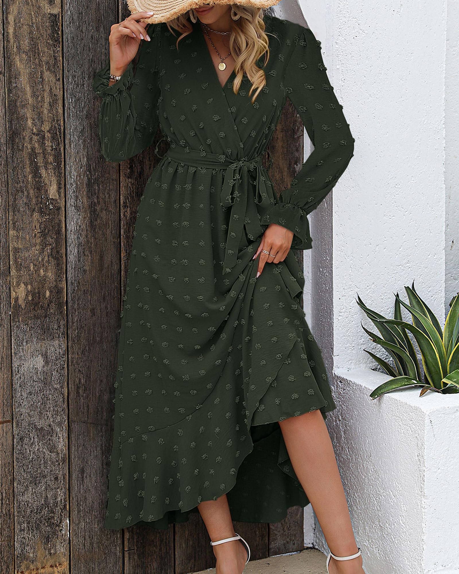 FreshPretty Long Sleeve Maxi Dresses for Women V Neck Swiss Dot Boho Flowy Slit Cocktail Wedding Guest Dress Fall Clothes