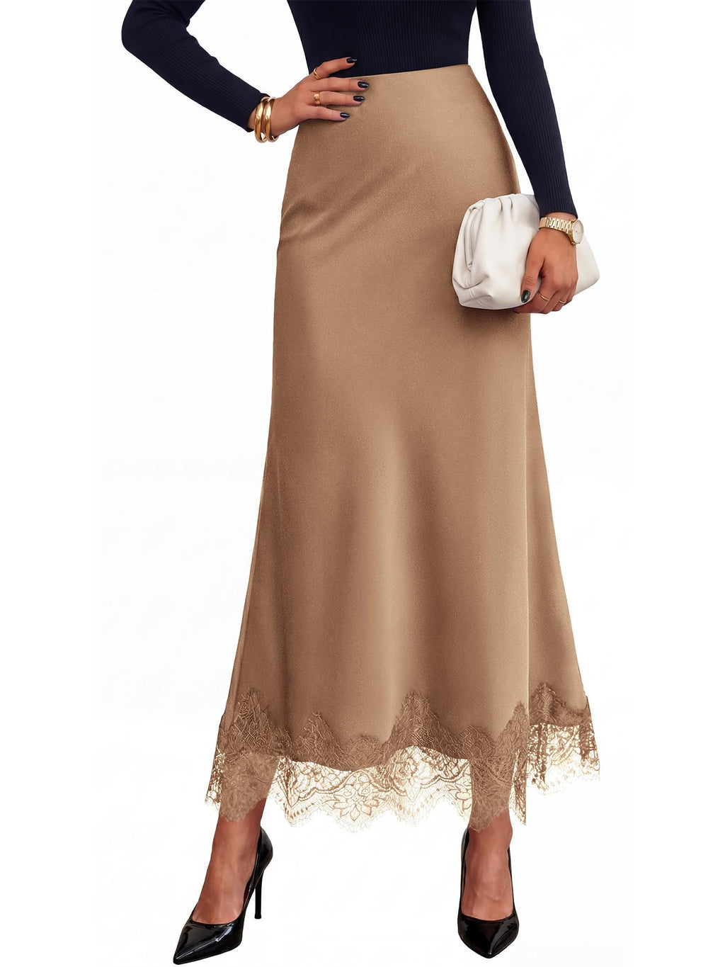 BTFBM Lace Trim Satin Skirts for Women Elegant | Lightweight, High Waist, A-Line, Flowy Maxi Skirt, Wedding, Cocktail, Graduation, Holiday Outfits, Fall Fashion Clothing