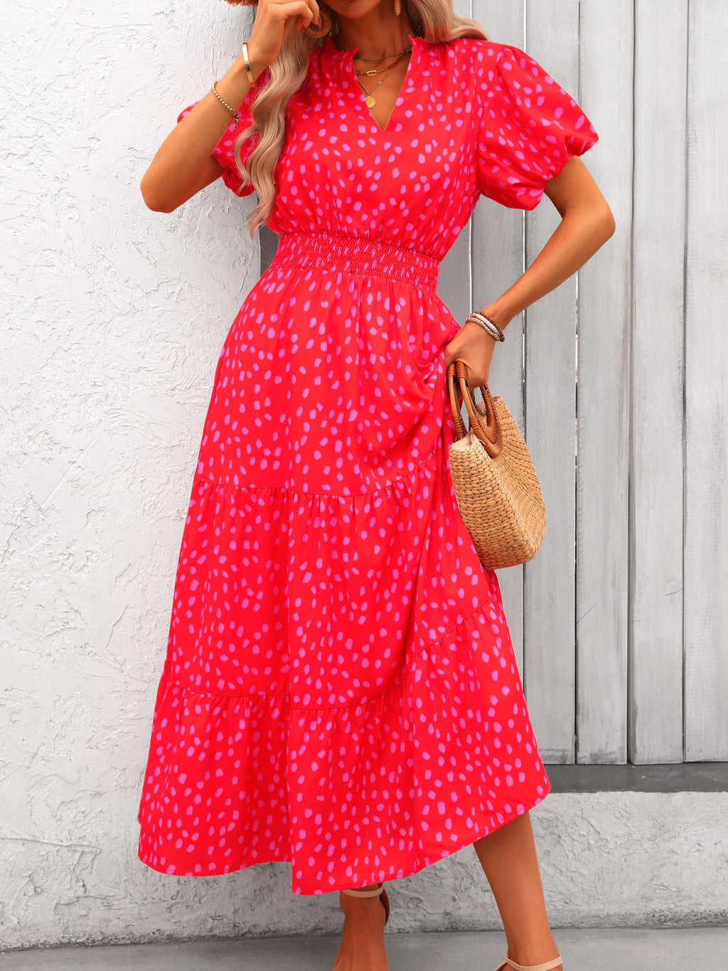 PRETTYGARDEN Summer Maxi Dresses for Women  Casual V Neck Puff Short Sleeve Smocked Flowy Beach Boho Long Floral Dress