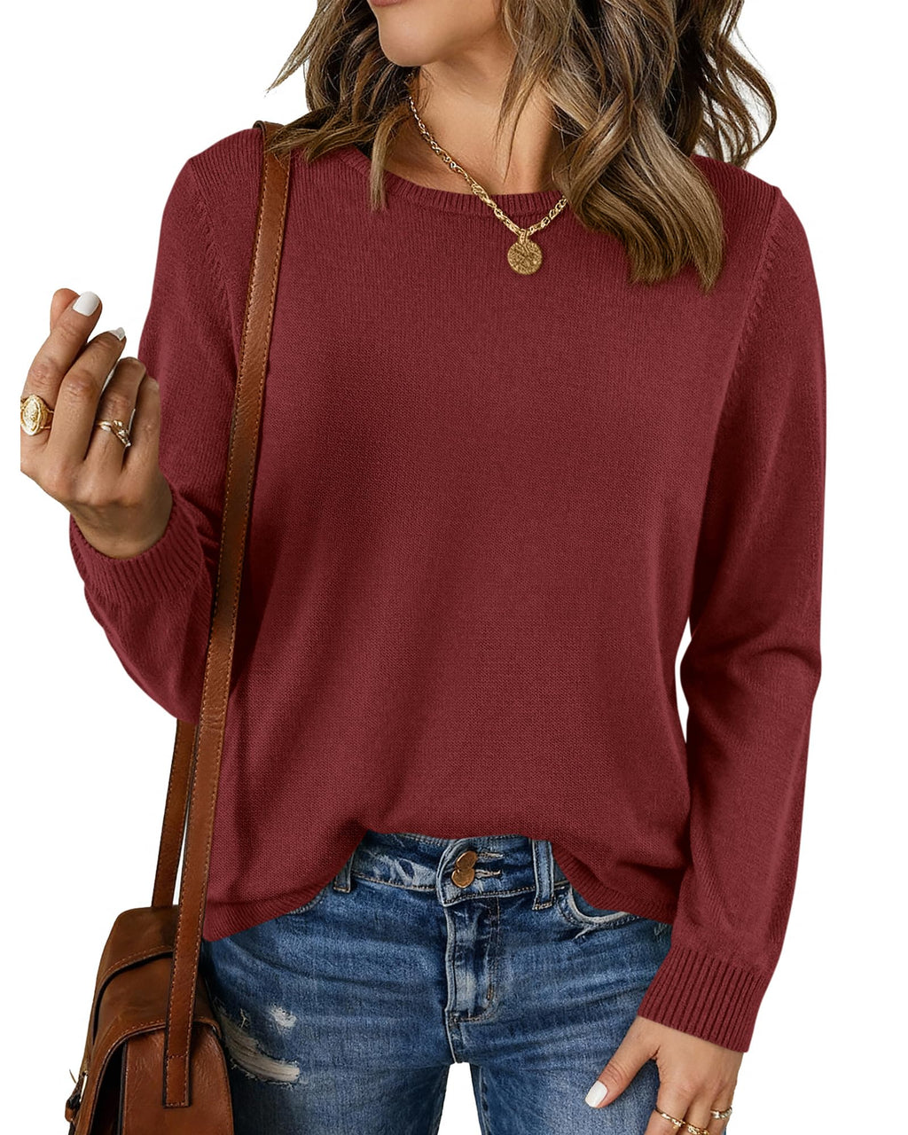 BTFBM Womens Long Sleeve Crew Neck Sweaters Spring Casual Classic Soft Loose Fit Basic Pullover Jumper Knit Top