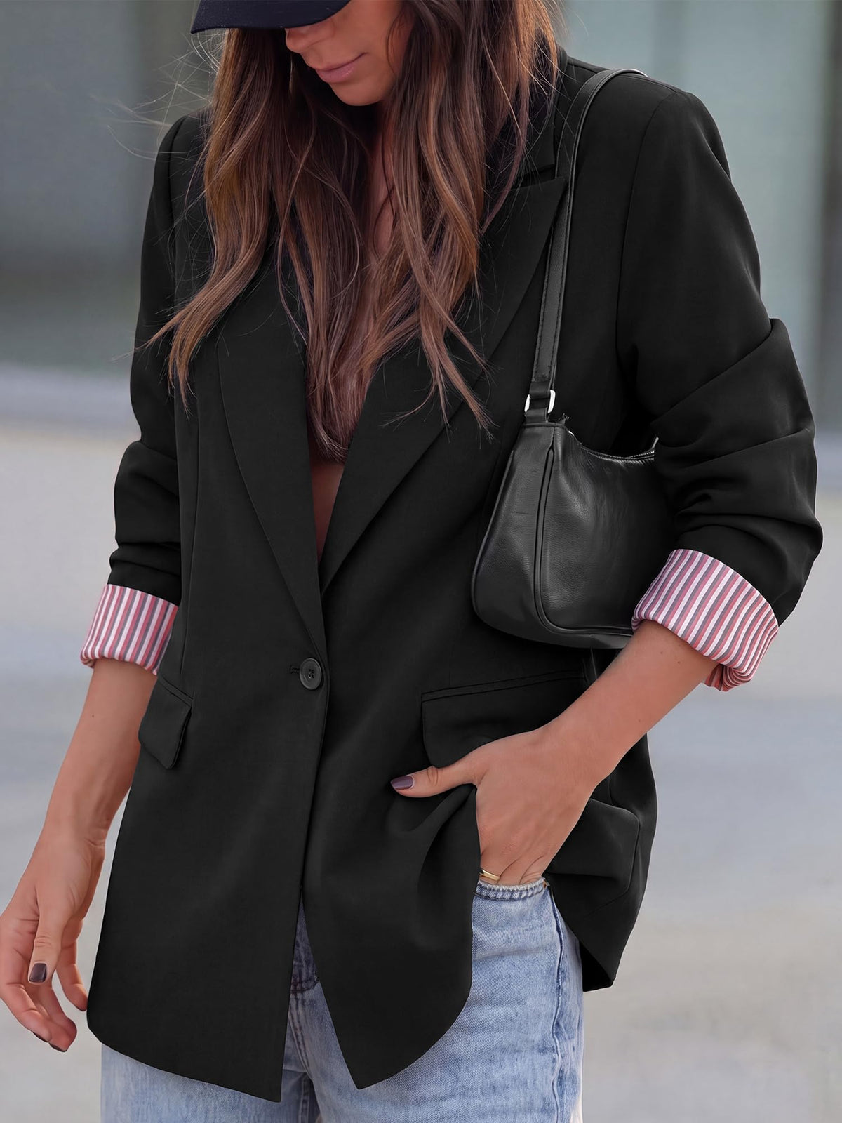 FreshPretty Blazers for Women Business Casual Fall Jackets,Lightweight Dressy Long Sleeve Suit Jacket,Loose Lapel Button Front,Striped Lined,Formal Professional Office Work Clothes