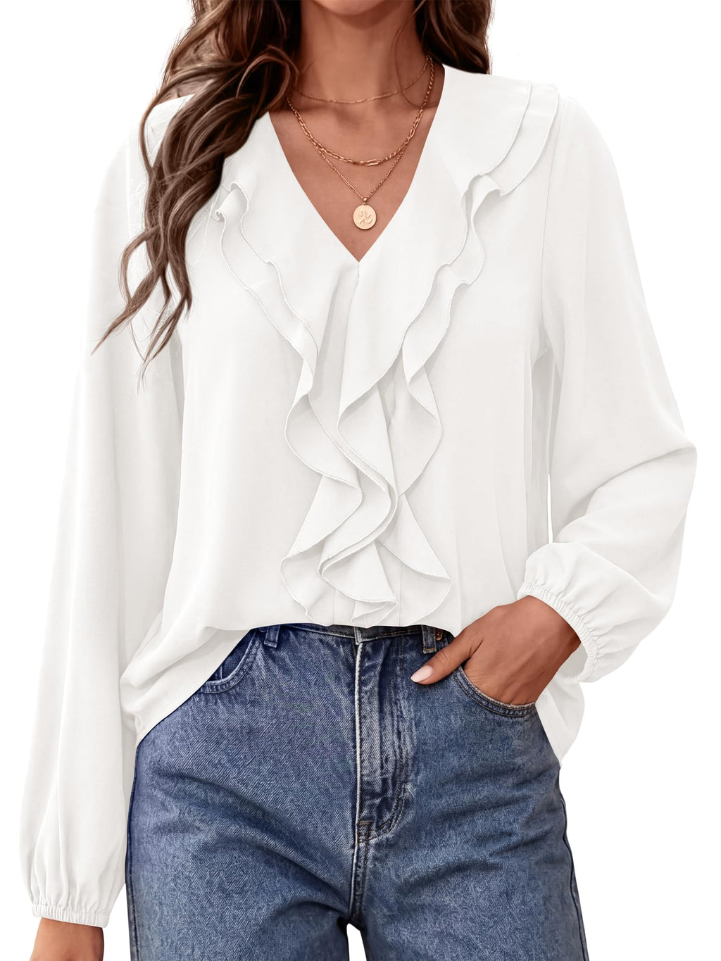 BTFBM Womens Fall Tops Ruffle Blouses Dressy Casual | Double Ruffled Collar V Neck Long Sleeve Shirts, Lightweight Fashion Clothing Trendy, Daily Business Office Work Clothes