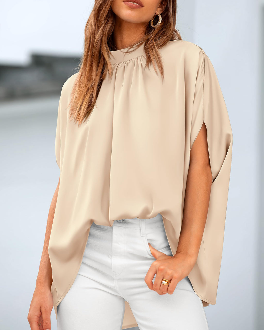 BTFBM Womens Summer Tops Mock Neck Batwing Sleeve Silk Satin Shirts Loose Oversized Dressy Casual Spring Blouses
