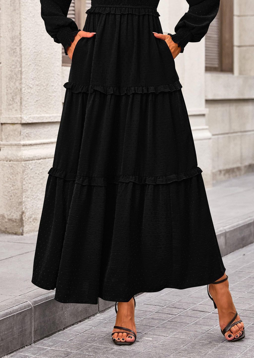 PRETTYGARDEN Fall Dresses for Women Long Sleeve Smocked Square Neck Swiss Dot Tiered Flowy Wedding Guest Maxi Dress