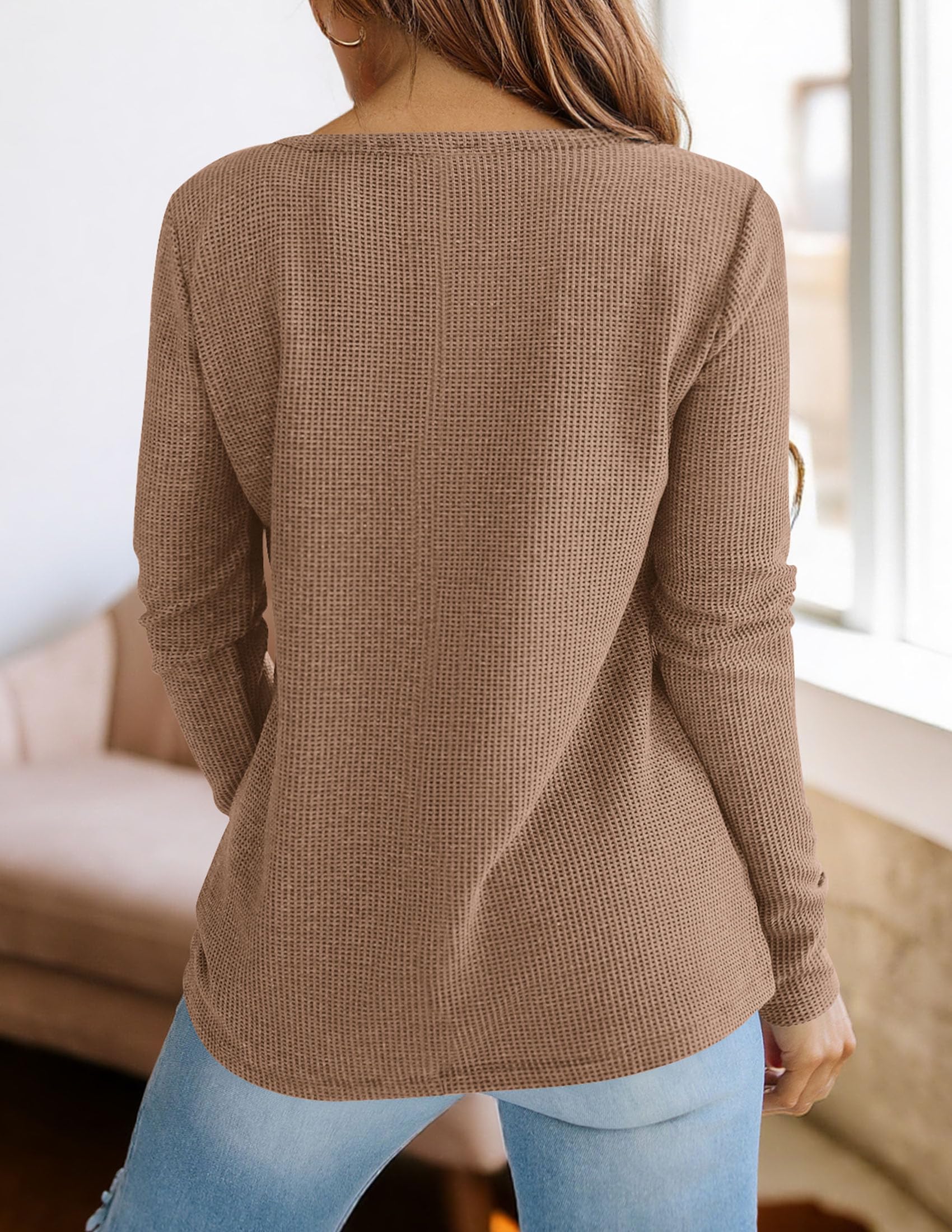 PRETTYGARDEN Long Sleeve Shirts for Women Fall V Neck Waffle Basic Tee Dressy Casual Winter Blouses Knit Tunic Tops