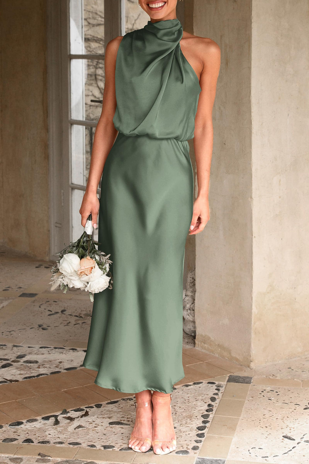 PRETTYGARDEN Women's Summer Satin Dress Elegant Sleeveless Mock Neck Cocktail Party Maxi Dresses