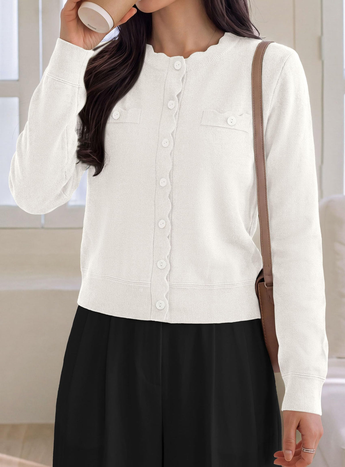 PRETTYGARDEN Cardigan Sweaters for Women Scalloped Button Up Fall Outfits Soft Knit Long Sleeve Knit Tops,Crew Neck,Business Casual Outfits,Office Work Lightweight Sweater,Layers Clothes