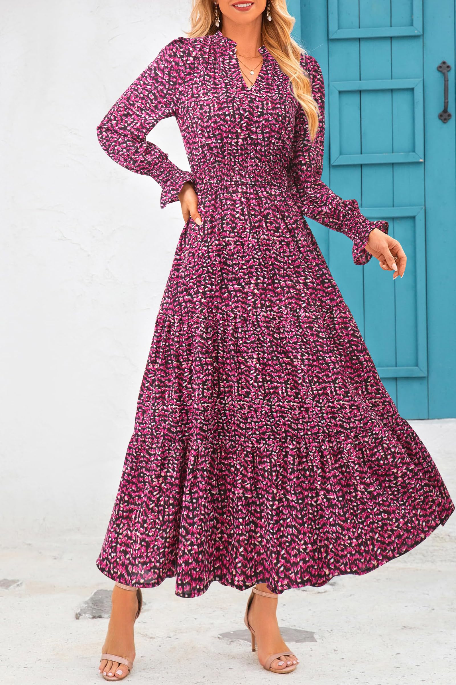 PRETTYGARDEN Women's Floral Maxi Dress Fall Long Sleeve V Neck Casual A Line Long Flowy Boho Party Dresses