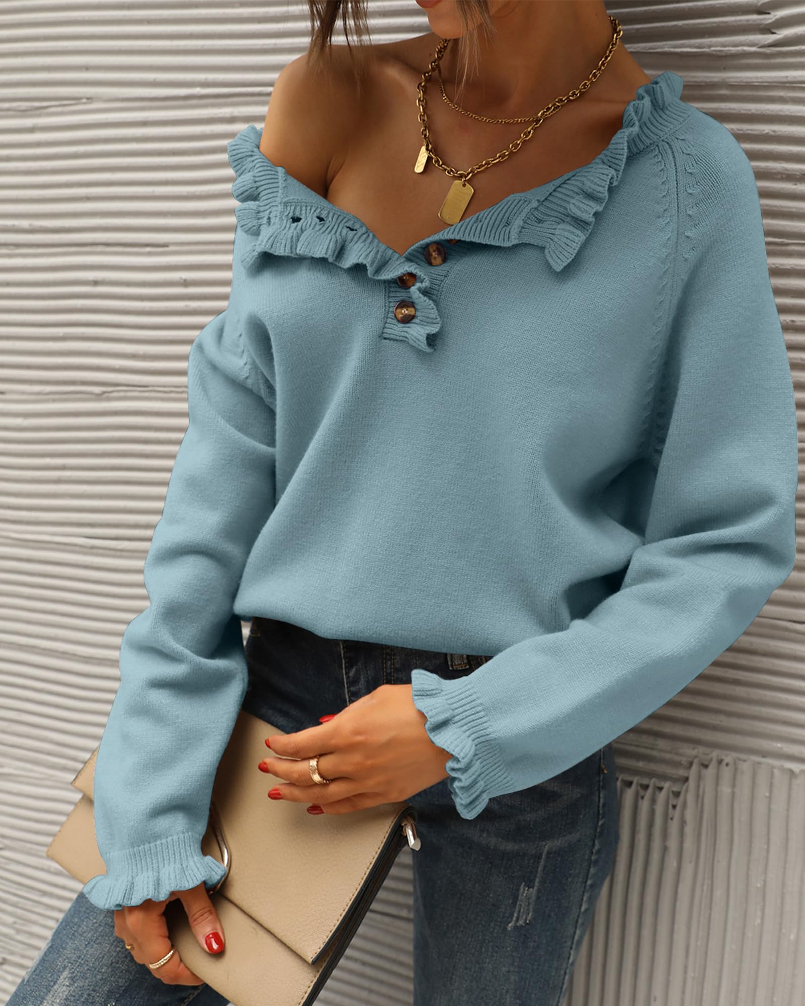FreshPretty Womens Sweaters Fall Winter Clothes Long Sleeve Button Down Ruffle Crew Neck Casual Knitted Pullover Tops