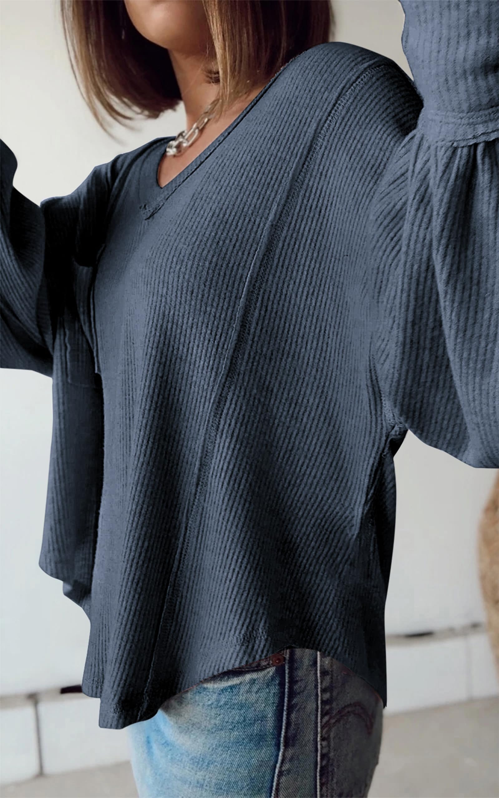 FreshPretty Womens Fall Fashion Long Sleeve Shirts Casual V Neck Ribbed Knit Blouses Pullover Trendy Loose Fit Tunic Tops