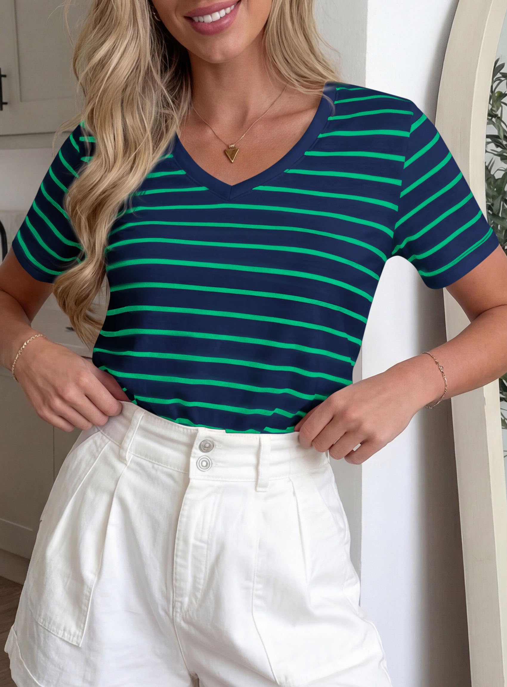 PRETTYGARDEN Short Sleeve Shirts for Women Spring V Neck Cute Tops Casual Striped Shirt Knitted Tees Summer Outfits
