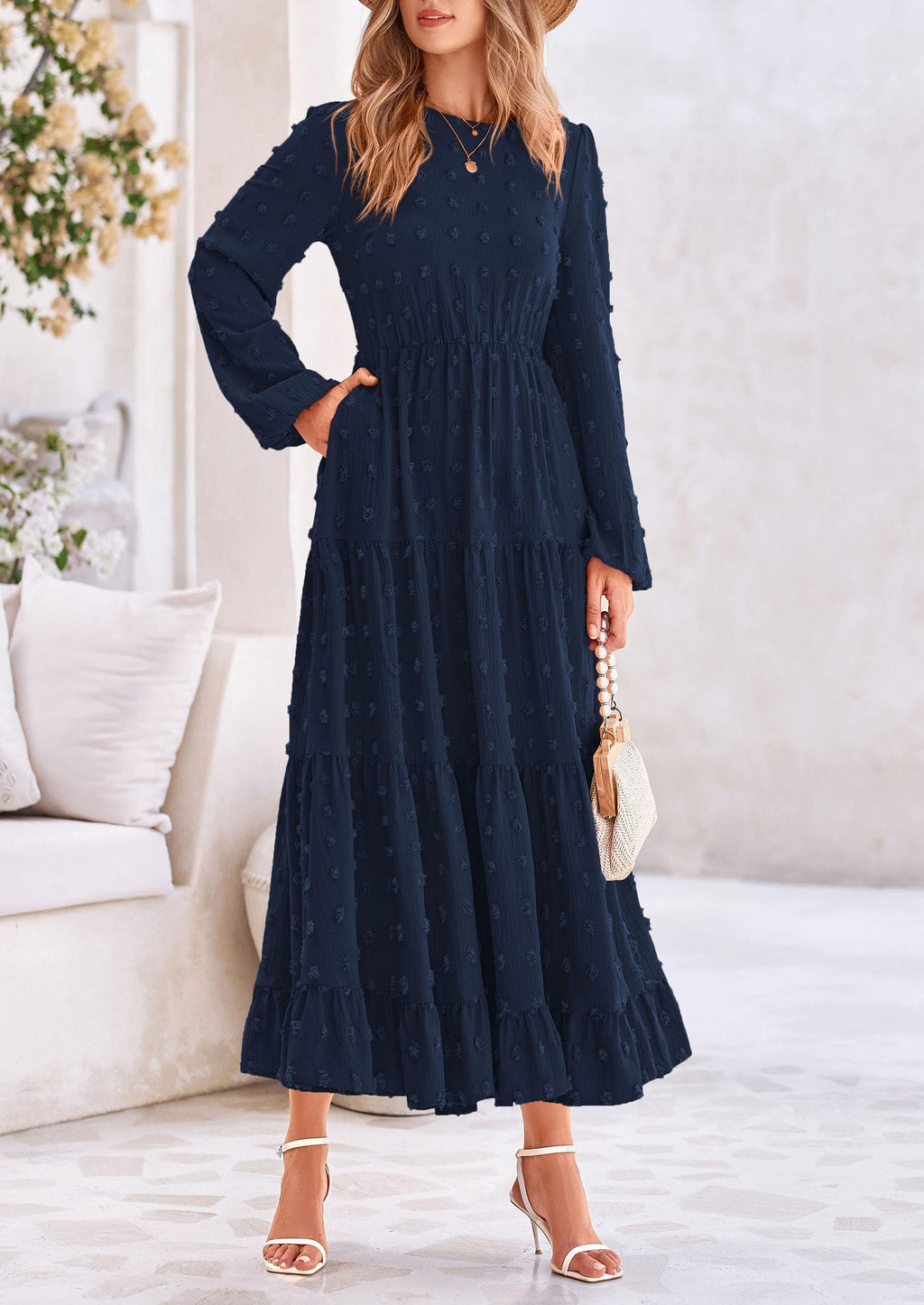PRETTYGARDEN Women's Fall Spring Elegant Long Sleeve Maxi Dress Swiss Dot A Line Flowy Casual Holiday Party Going Out Dresses