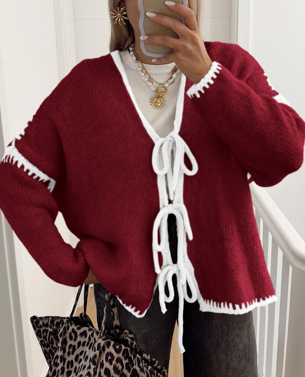 PRETTYGARDEN Women's Tie Front Bow Cardigan Sweaters Chunky Knit Long Puff Sleeve Trendy Fall Winter Jacket Coat