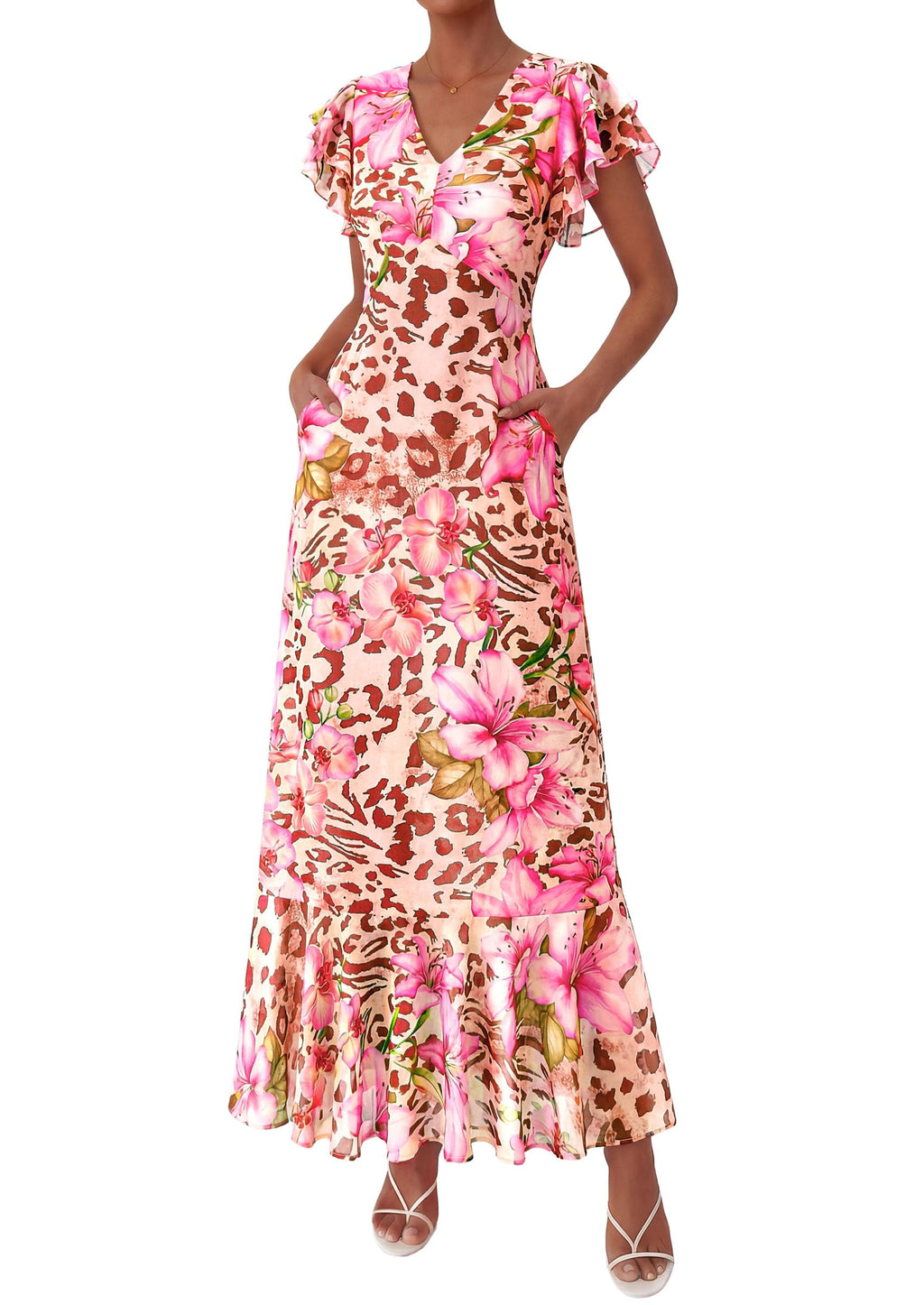 PRETTYGARDEN Womens Summer Floral Maxi Dresses Spring Short Sleeve Ruffle V Neck Flowy Boho Long Beach Vacation Sundress