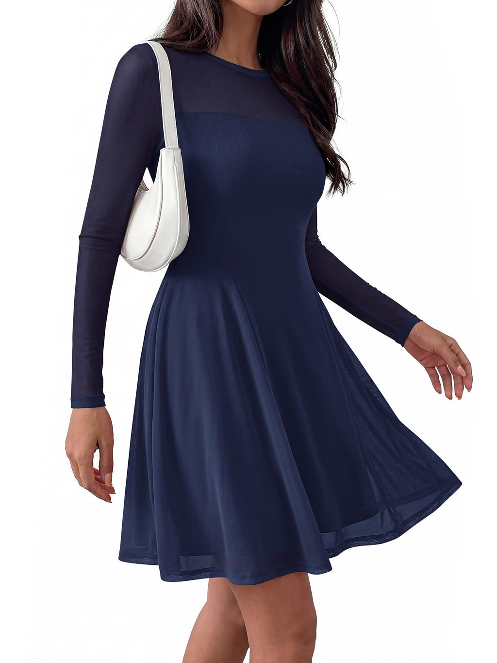 BTFBM Women’s Mini Dress Sheer Mesh Long Sleeve Crew Neck Flowy A Line Casual Cocktail Party Going Out Dresses Fall