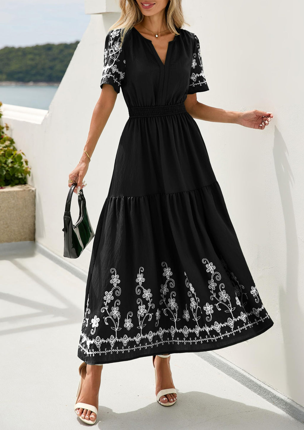 PRETTYGARDEN Women's Summer Boho Maxi Dress Spring Floral Short Sleeve V Neck A Line Flowy Beach Wedding Guest Dresses
