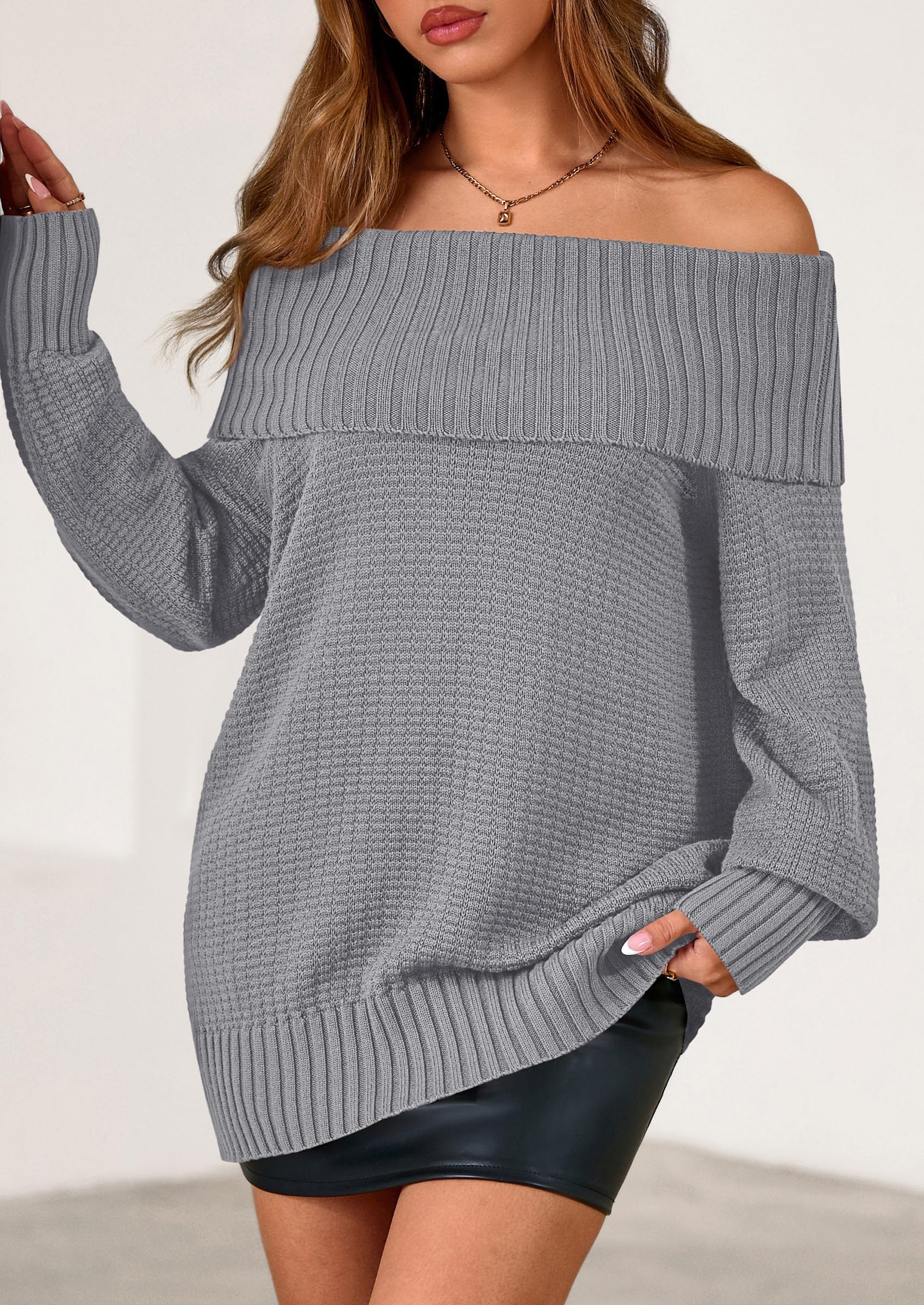 PRETTYGARDEN Womens Off The Shoulder Sweater Long Sleeve Tops Loose Knit Pullover Sweaters Fashion Fall Clothes