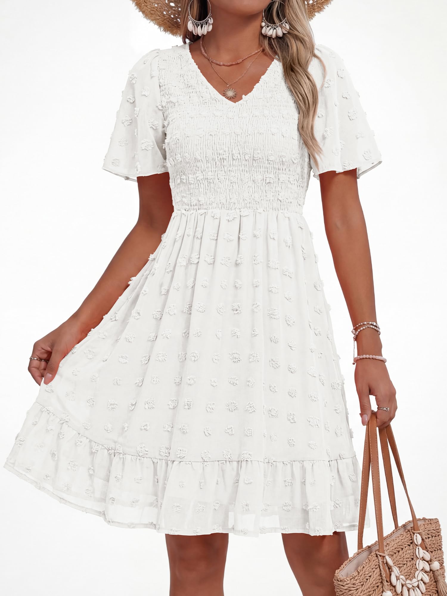 FreshPretty Womens Beach Vacation Dress Summer V Neck Short Sleeve Smocked Swiss Dot Ruffle Casual Mini Spring Dresses