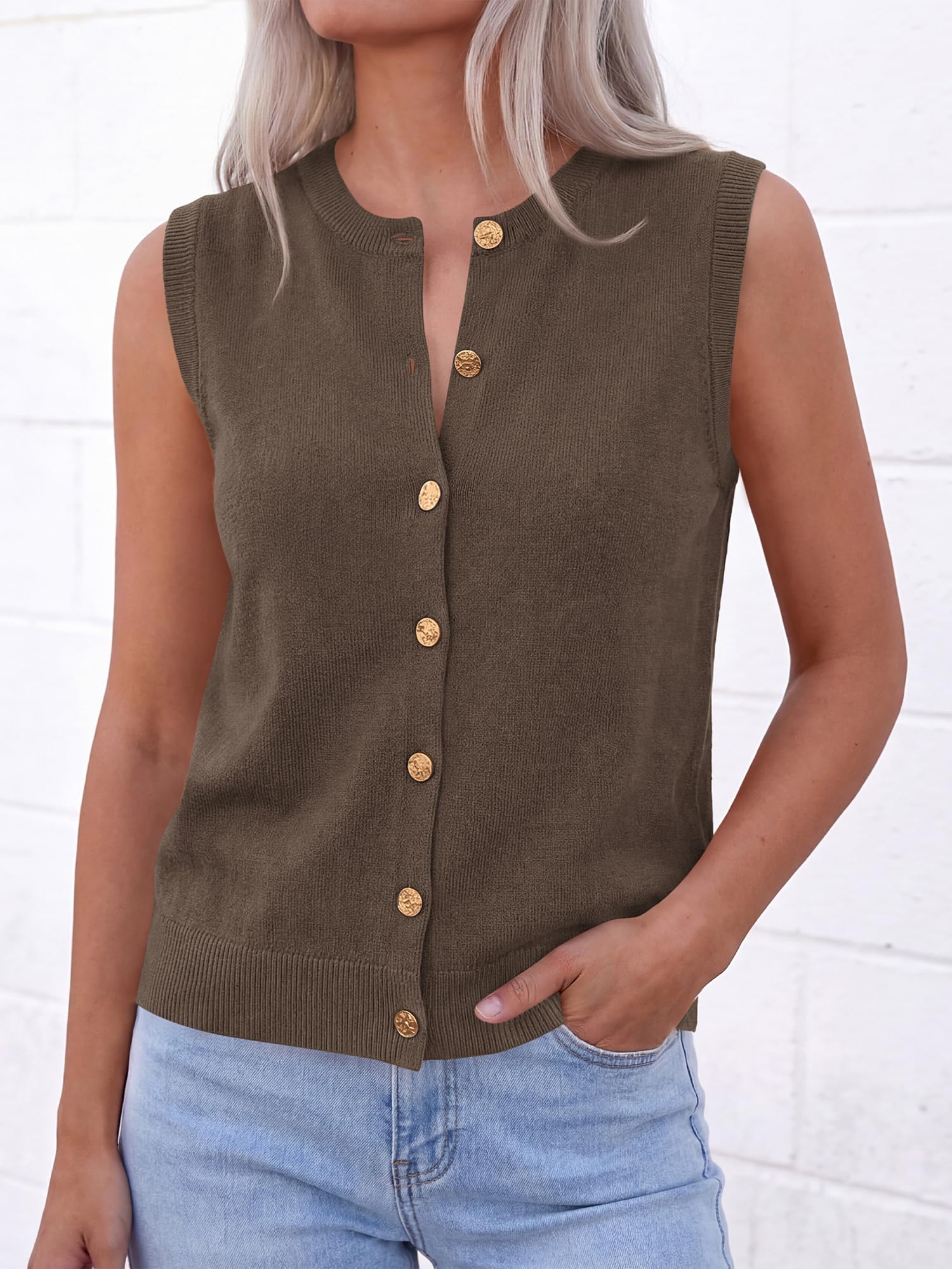 BTFBM Sweater Vest Women Casual Crewneck Loose Button Down Knit Sleeveless Cardigan Spring Clothes Summer Vest Tops