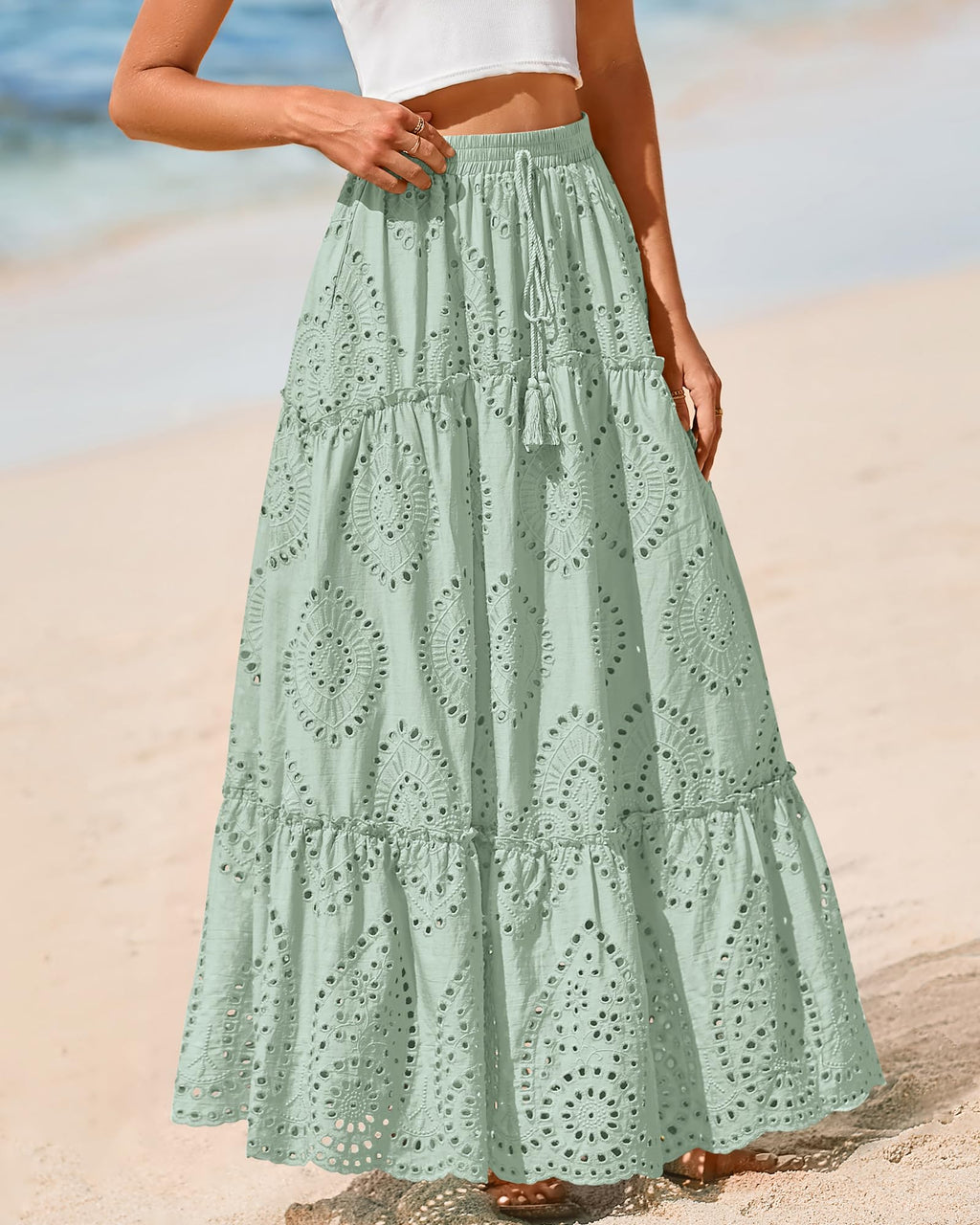 BTFBM Long Skirts for Women Summer Boho Lace Embroidery High Waist Flowy Tiered Spring Maxi Skirt Beach Vacation