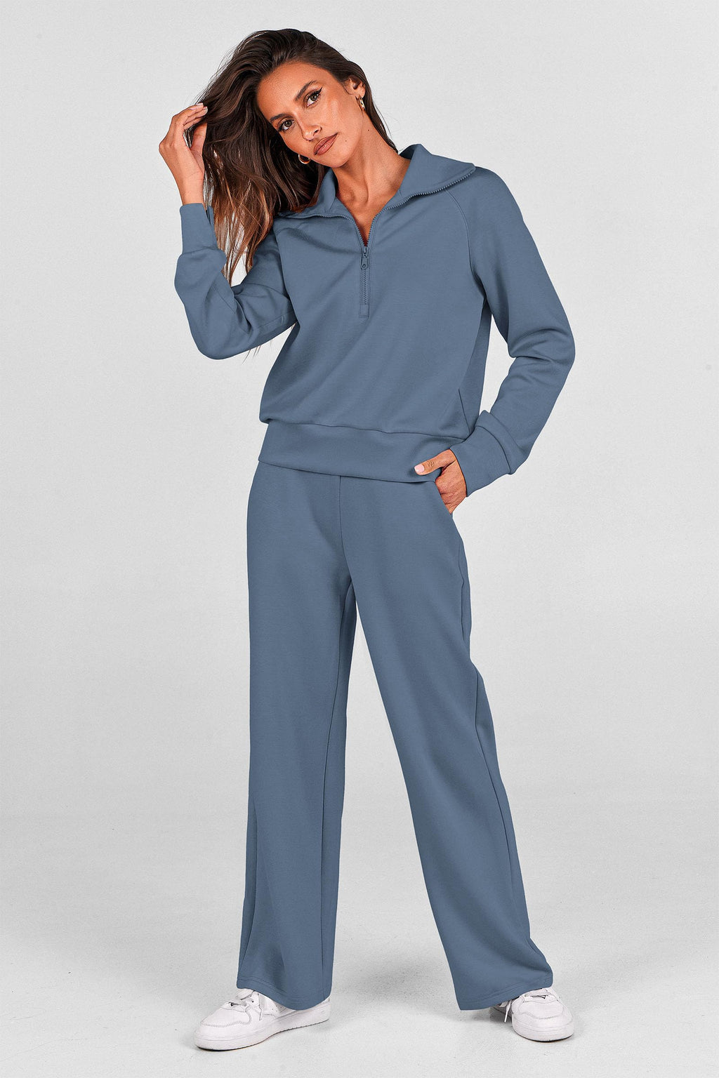 PRETTYGARDEN Women's 2 Piece Outfits Casual Lapel Half Zip Sweatshirts and Wide Leg Pants Tracksuit Sets