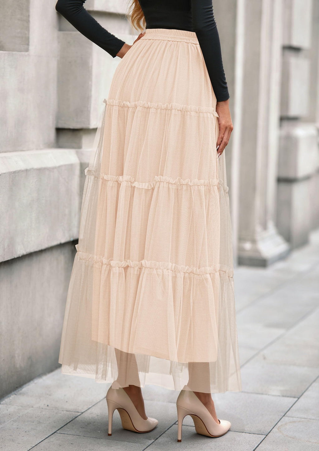 PRETTYGARDEN Tulle Skirts for Women Fall Fashion Elastic High Waisted Fairy Tiered Flowy A-Line Casual Maxi Long Skirt