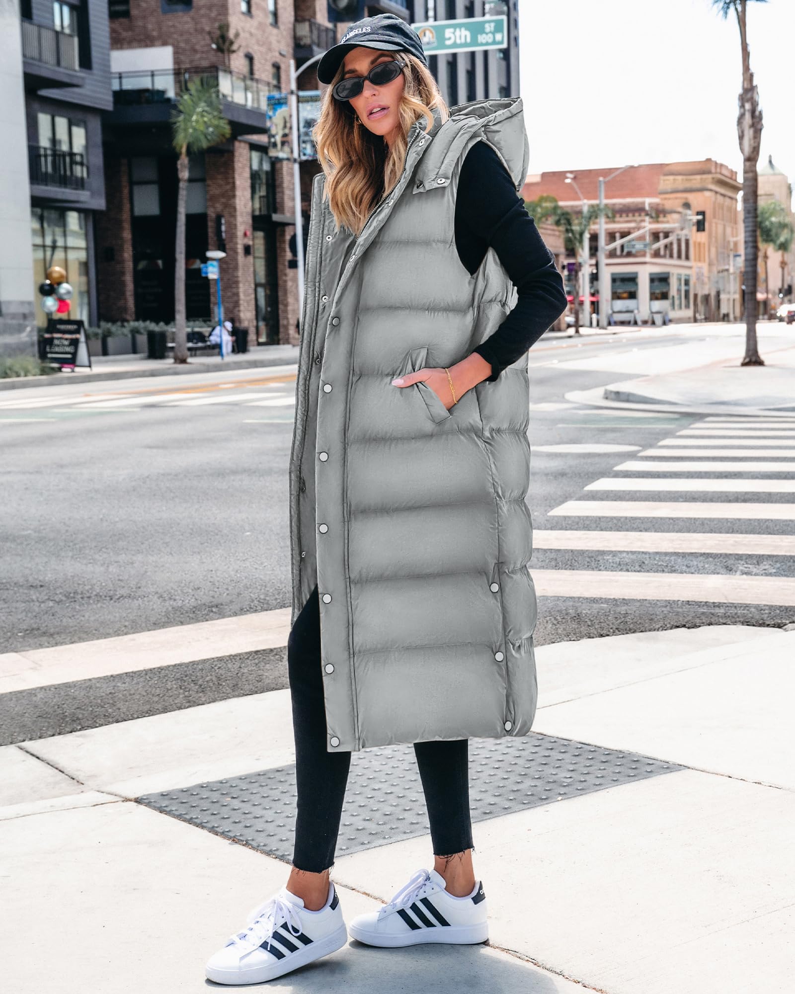 FreshPretty Long Puffer Vest Women Quilted Hooded Button Down Zip Up Sleeveless Vests Outerwear Padded Jacket Fall Winter Coat
