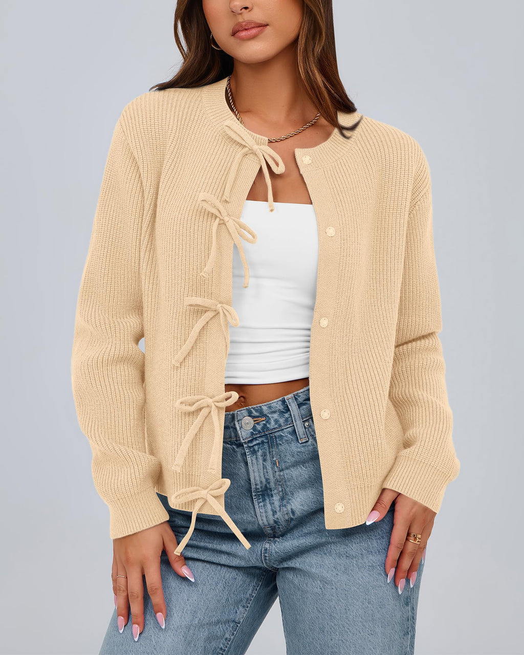 BTFBM Bow Cropped Cardigan Sweaters for Women Fall Winter Open Front Sweater Long Sleeve Button Fashion Spring Clothes