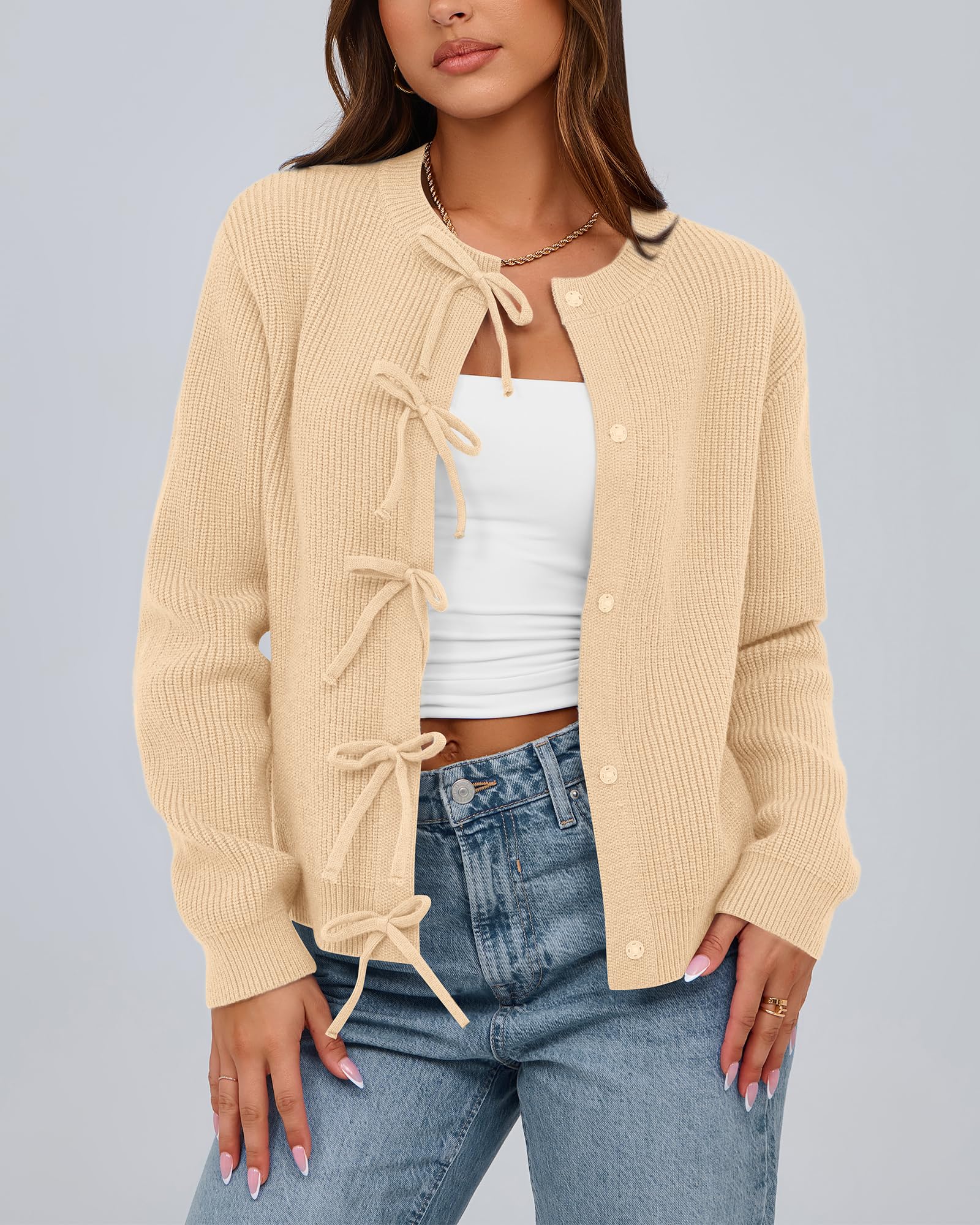 BTFBM Bow Cropped Cardigan Sweaters for Women Fall Winter Open Front Sweater Long Sleeve Button Fashion Spring Clothes
